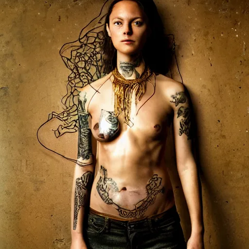 Prompt: A perfect female goddess stands for a waist up portrait with her body sightly wrapped in thin gold wire creatively arranged so as to look like biker tattoos, in an abandoned barn, hyper photo realistic 8K HD HDRI, photo by Annie Leibovitz.