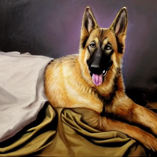 Prompt: a oil painting of a humanoid german shepherd beast - man, wearing military outfit, lying on a humble unmade bed wrinkled bed sheets