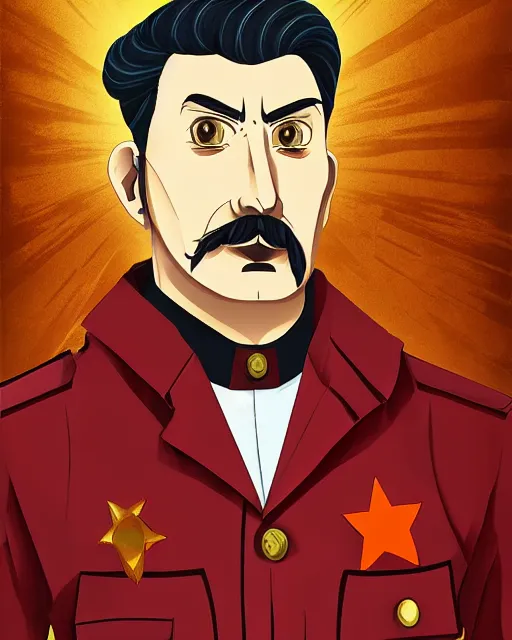 Image similar to Digital communist anime art of Iosif Stalin by A-1 studios, serious expression, empty warehouse background, highly detailed, spotlight