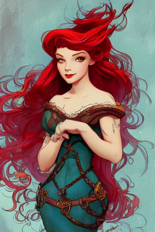 Image similar to ariel little mermaid steampunk, red hair, high fantasy, dnd, smooth, sharp focus, illustration, highly detailed, digital painting, artstation, concept art, by disney animation, rossdraws, alphonse mucha, frank fanzzeta, collectible card art