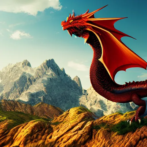 Prompt: dragon closeup with mountains in background, photorealistic