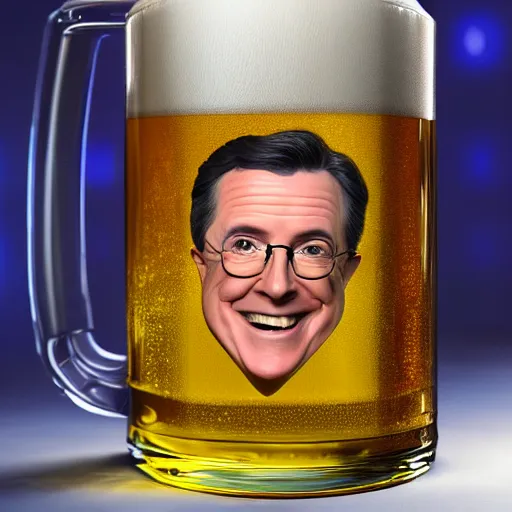 Prompt: stephen colbert face in a clear beer stein, concept art, 8 k, ultra realistic details