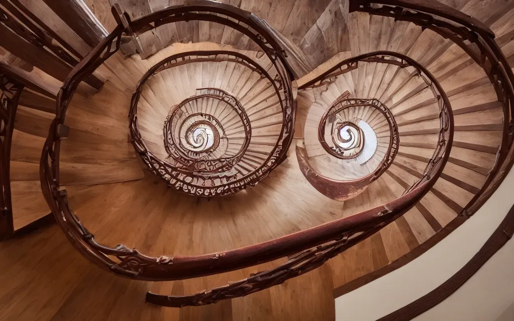 Image similar to 3d rendering of looking directly down a spiral staircase from above with maroon carpet and a wooden handrail, hd, hdr, cinematic 8k, ultra detailed, high resolution