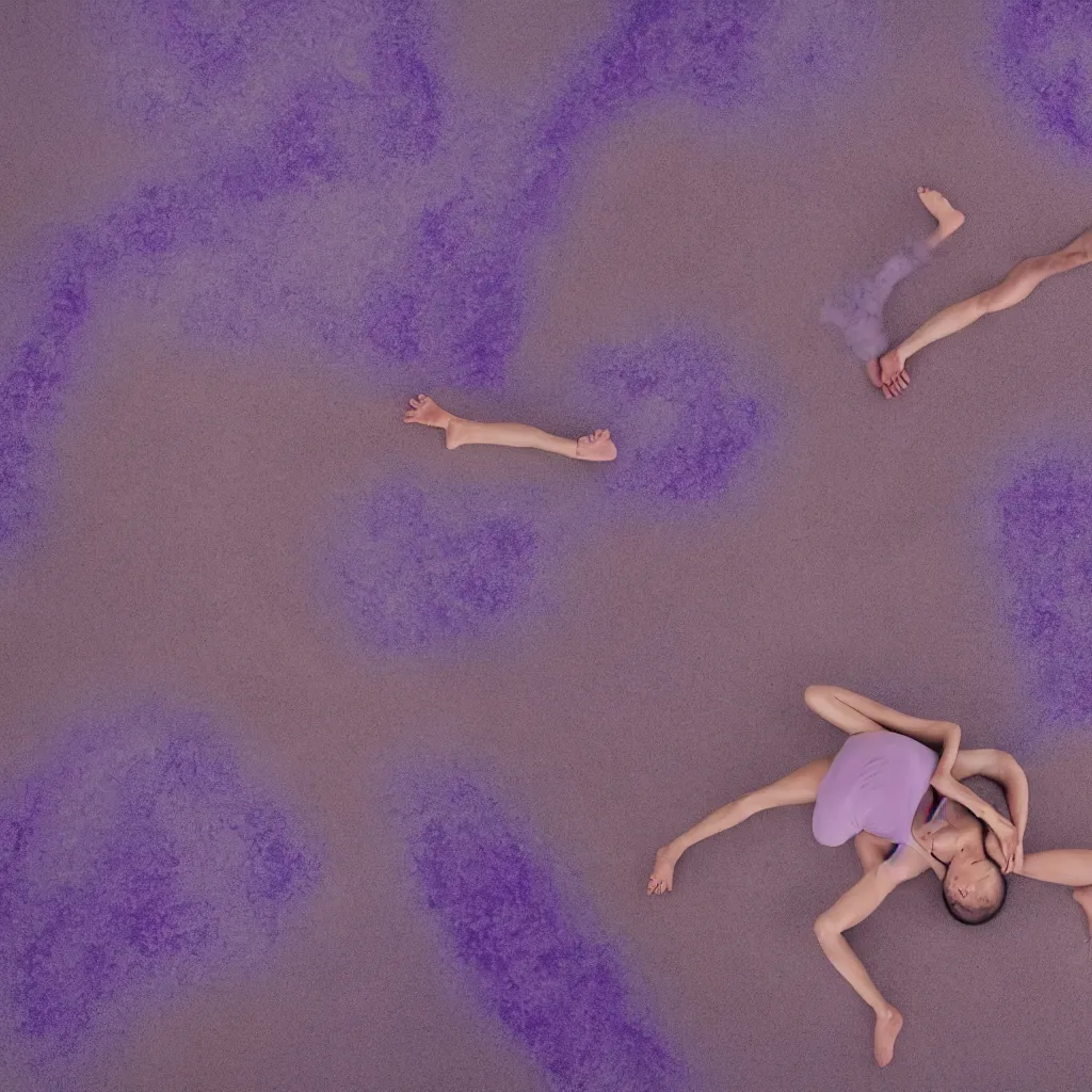 Prompt: aerial view of iridiscent oil spill in desert sand tempest with women corpses connected by cables and computers to wax forms to a buried baby relaxing on yoga mat, faded, purple gradient, dust, purple fog, depth of field, by werner herzog, hans bellmer and nadav kander, 8 k, sad atmosphere, cinematic