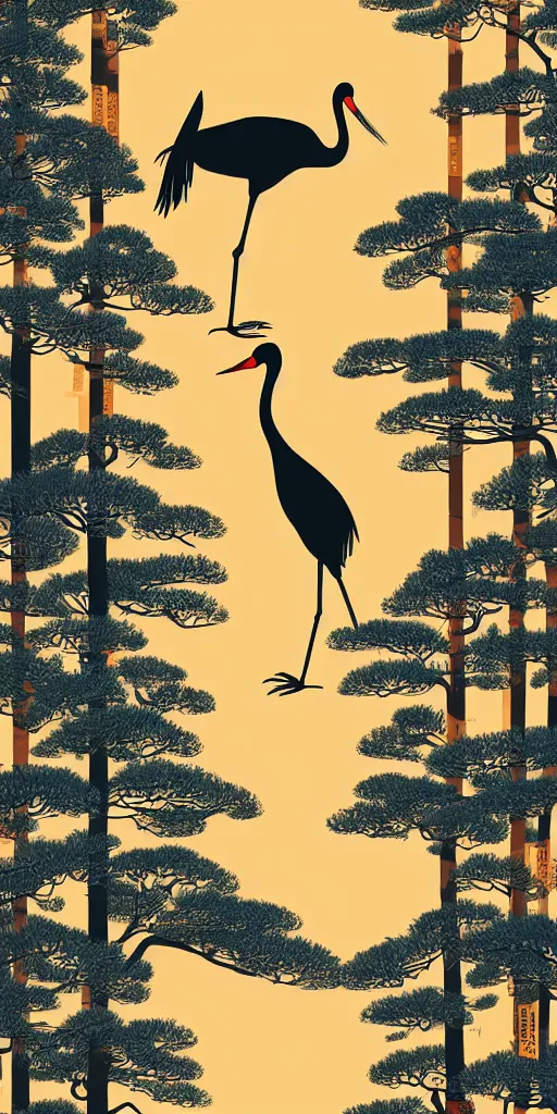 Prompt: a portrait of japanese crane walking on the ground of a forest of japanese pines, a big red sun in the background, logo design, fresh modern style, responsive, front card design, thick vector line art, trending on behance, stunning