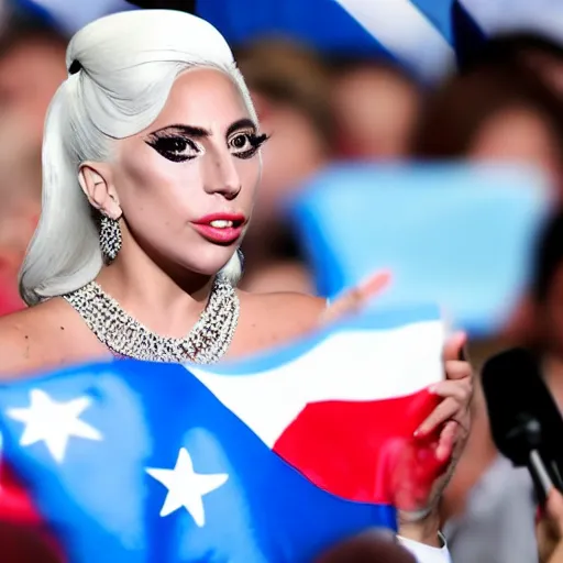 Image similar to Lady Gaga as president, Argentina presidential rally, Argentine flags behind, bokeh, giving a speech, detailed face, Argentina