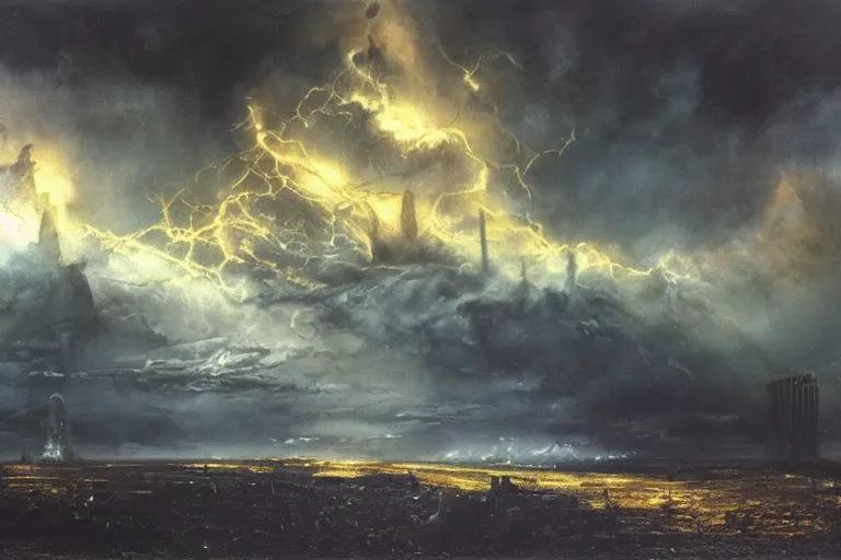 Image similar to dark landscape, ruinous, apocalyptic setting, sunshine through the billowing clouds, golden heavenly light contrasting with a hellish overworld, painting by h. r. giger