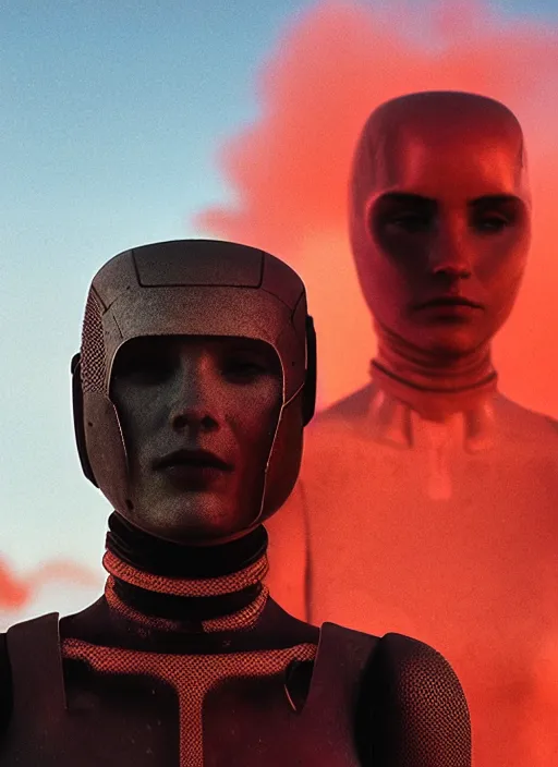 Prompt: cinestill 5 0 d photographic portrait by steve mccurry of two loving female androids wearing rugged black mesh techwear on a desolate plain with a red sky, extreme closeup, dust storm, 8 k, hd, high resolution, 3 5 mm, f / 3 2, ultra realistic faces, ex machina, cyberpunk 2 0 7 7