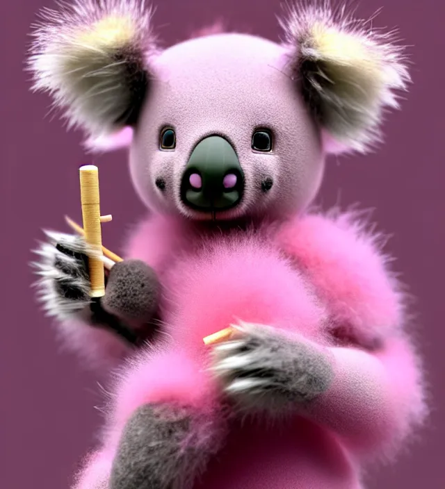 Image similar to high quality 3 d render hyperrealistic very cute small pink koala smoking weed joint, smoke rising from the joint, plush mascot, short spiky dense fluffy smooth hair, photo from the side, pink fluffy fur, 1 5 0 mm, beautiful natural soft light, rim light, vray, smooth background, artstation, ultra detailed