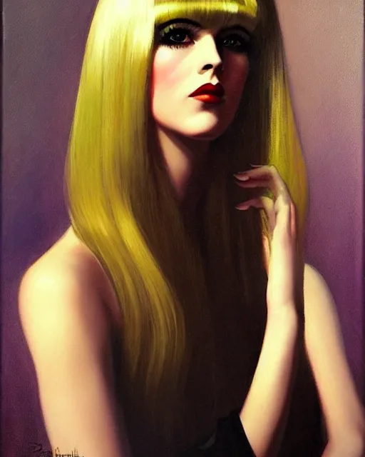 Image similar to portrait 1 9 6 0 s elegant blonde beautiful mod girl, long straight 6 0 s hair with bangs, groovy, occult, by brom, tom bagshaw, sargent