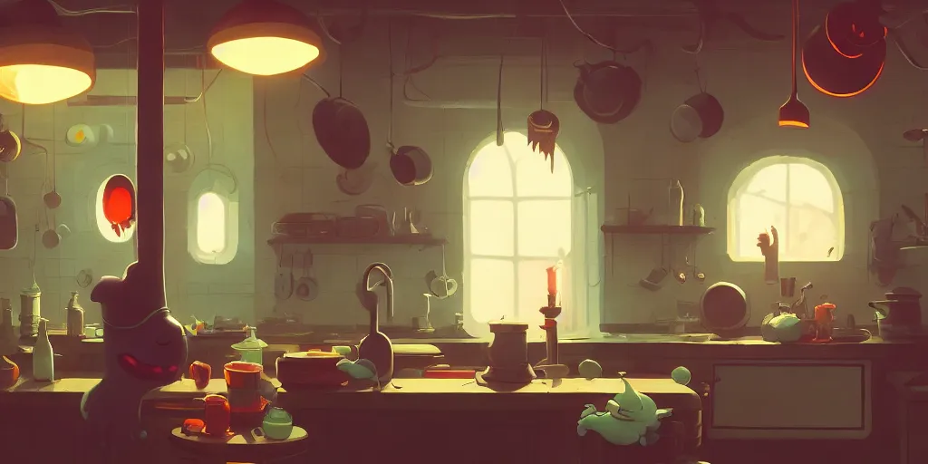 Prompt: cute lonely kitchen dim lit by a candle ripped physique simon stalenhag gerald brom bastien grivet by greg rutkowski game background fisheye lens day of the tentacle