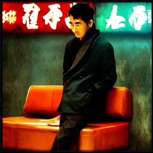 Image similar to “atmospheric painting of actor Tony Leung in scene from Wong Kar Wai movie, night, neon, noir”