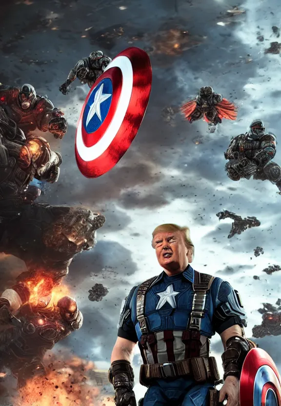 Image similar to Portrait of Donald Trump as captain america in Gears of War, splash art, movie still, cinematic lighting, dramatic, octane render, long lens, shallow depth of field, bokeh, anamorphic lens flare, 8k, hyper detailed, 35mm film grain