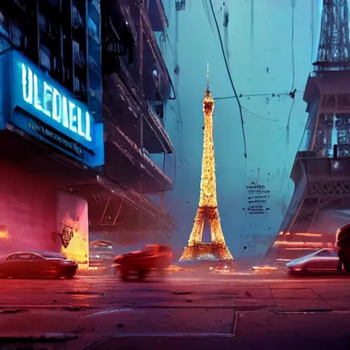 Image similar to A beautiful intricate 8K award-winning ground-level cinematic movie photograph of the future destroyed and decaying neon Eiffel Tower surrounded by corporate billboards. in the year 2043, by Bruno Delbonnel and greg rutkowski. Arri Alexa 65, IMAX 70mm footage. Dirty billboards. Cinematic lighting