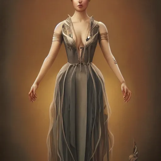 Prompt: wearing a full tight curvy long dress female, soft painting of curiosities and illusions, perfectly detailed linework, symmetrical accurate intricate sensual features, highly detailed, artstation, sharp focus, tom bagshaw