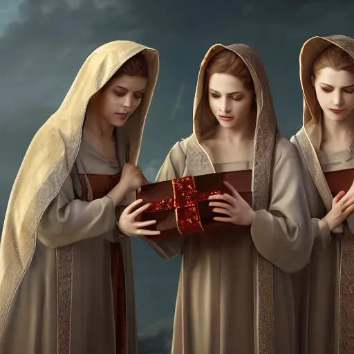 Image similar to 3 sisters of the congregation open the gift of god, highly detailed, CGSociety, postprocessing, photorealistic, matte painting, 8k