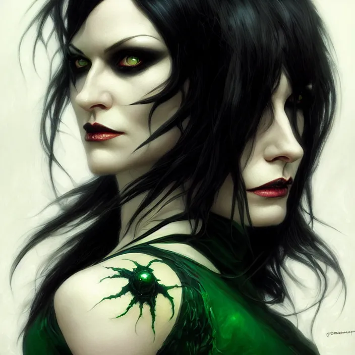 Image similar to portrait of death from sandman, black hair, green eyes, elegant, real life skin, intricate artwork, high detailed, artstation, concept art, smooth, sharp focus, art by artgerm and greg rutkowski @ ruprechy