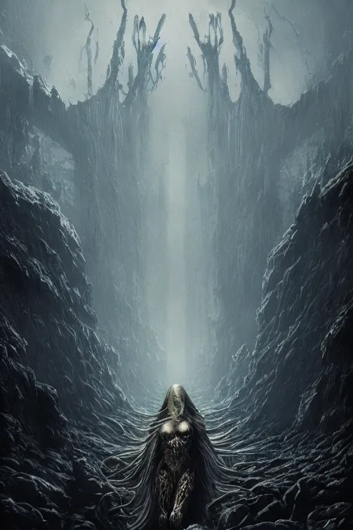 Prompt: Elden Ring and Doom themed dark fantasy matte painting movie poster, golden ratio, trending on cgsociety, intricate, majestic, dark epic fantasy, trending on artstation, by Artgerm, H.R. Giger and Zdizslaw Beksinski, highly detailed, vibrant, cinematic quality character render; low angle; ultra high quality model; production quality cinema model