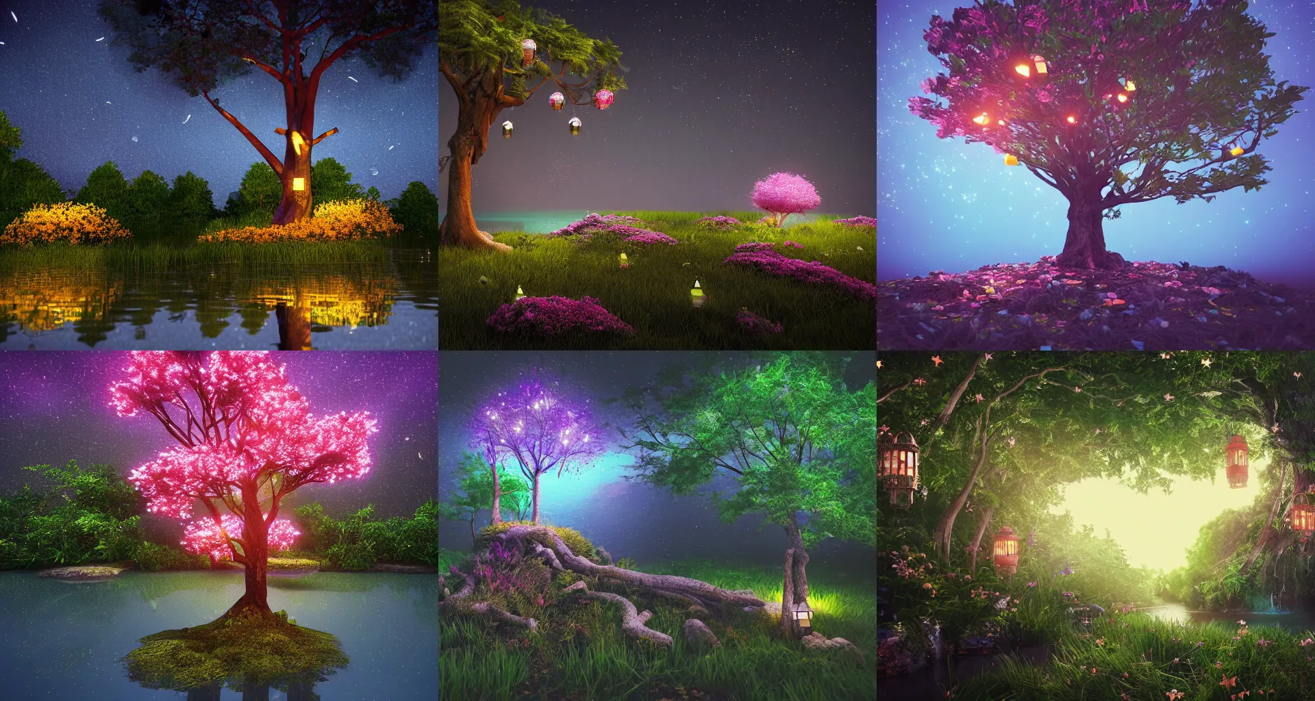 Prompt: tree, overgrown, island, lake, flowers, lanterns, dark, night, stars, glowing, glitter, vibrant, digital art, octane render, trending on artstation