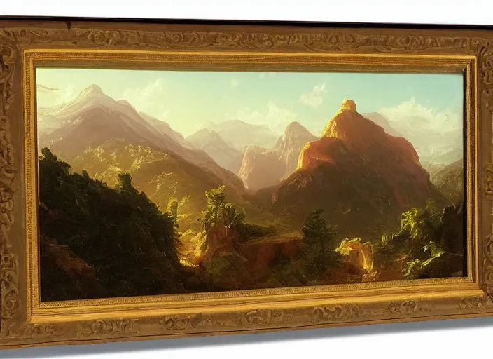 Prompt: painting of a mcdonalds restaurant in front of beautiful mountains by thomas cole