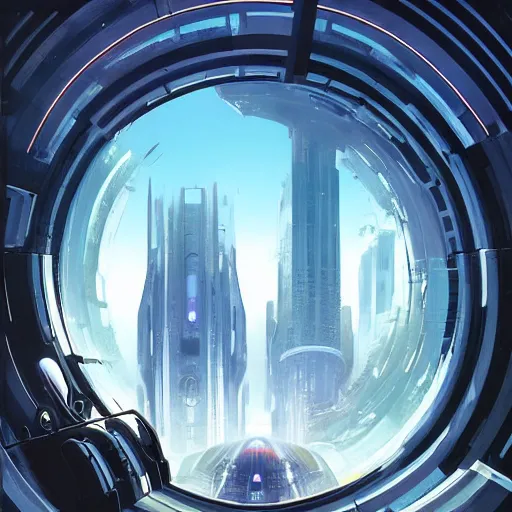 Image similar to circular derelict portal in a middle of a futuristic cityscape, world seen only through a portal, daylight, cinematic perspective, cinematic lighting, blue sky, syd mead, john harris