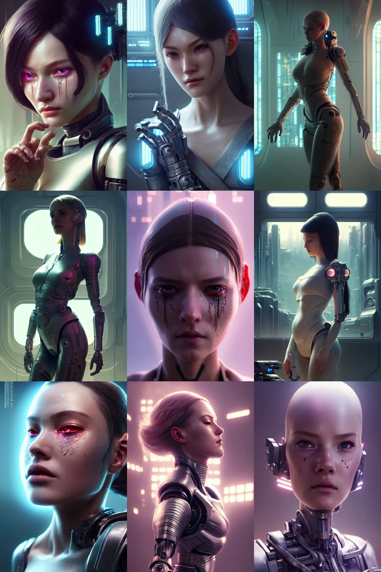 Image similar to crying beautiful female android!, intricate detailed environment, photorealistic!, octane render, mechanical, concept art, cinematic lighting, digital art, cinematic, cgsociety, hyper realism, cyberpunk 8 k. by artgerm and wlop and maciej kuciara and godmachine and moebius and rossdraws and greg rutkowski and alphonse mucha and stanley lau