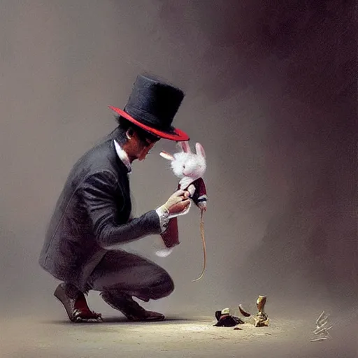 Image similar to a magician pulling a hat out of a rabbit painted by greg rutkowski wlop