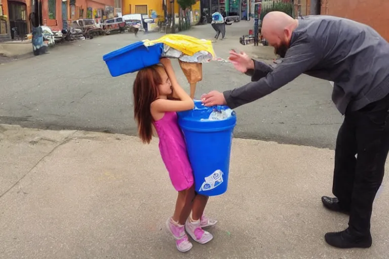 Prompt: a guy putting a dustbin over the head of a girl, in the style of chibi