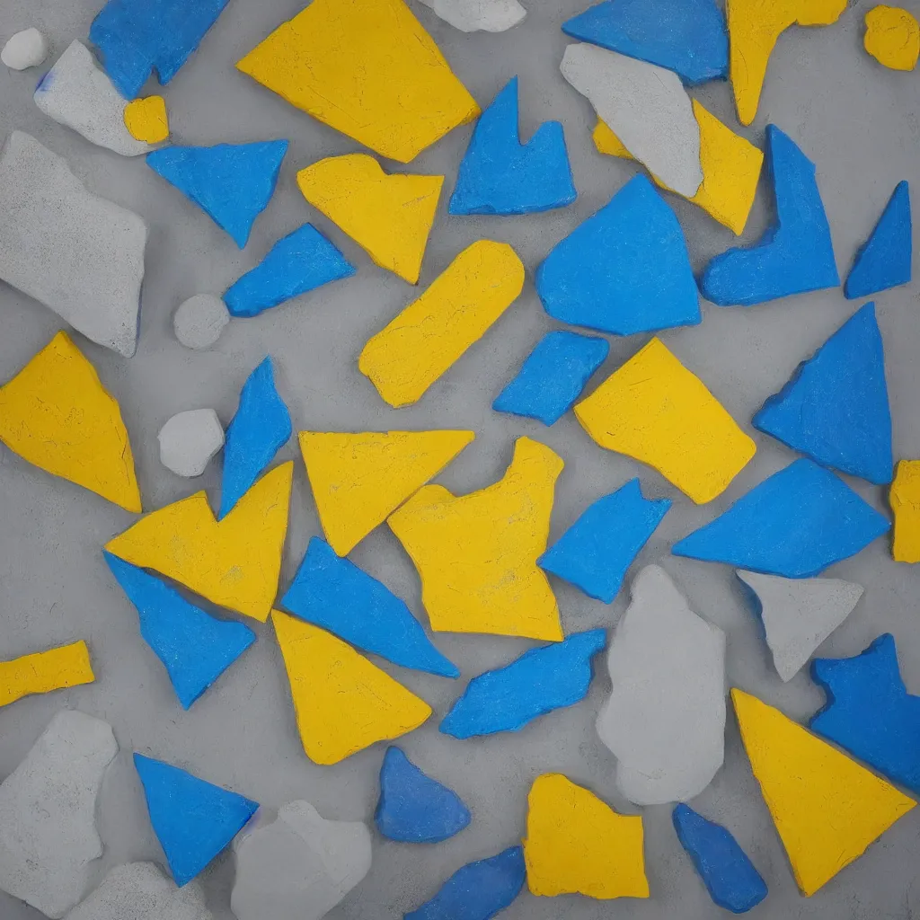 Prompt: 3 dimensional solid large geometric 3 d shapes made of solid impasto oil paint, with strong top right lighting creating shadows, colours cream naples yellow and blue - grey