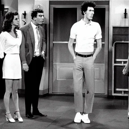 Prompt: still from the episode of the tv show seinfeld where cosmo kramer is just legs