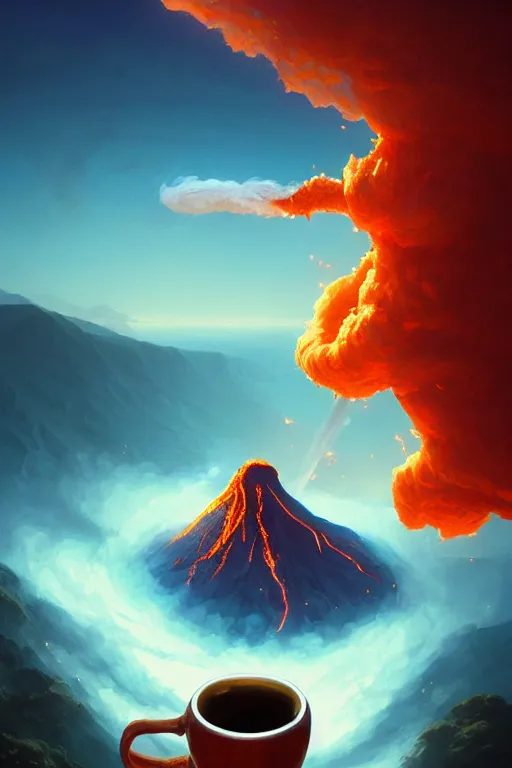 Prompt: coffee cup with whipped cream, volcano erupting from inside the cream, stephen bliss, unreal engine, fantasy art by greg rutkowski, rhads, ferdinand knab, makoto shinkai and lois van baarle, ilya kuvshinov, rossdraws, tom bagshaw, global illumination, radiant light, red blue theme, pine forest