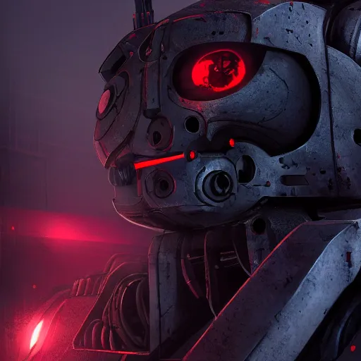 Prompt: a war robot who's sole purpose is to destroy humanity. red glowing eye, trending on art station, fine detail, sci - fi, high detail, hyper realism, dark hallway, unreal engine, 3 d render