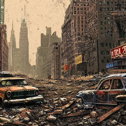 Prompt: abandoned new york city after a nuclear war, post - apocalyptic, fallout, by dan mumford, 4 k