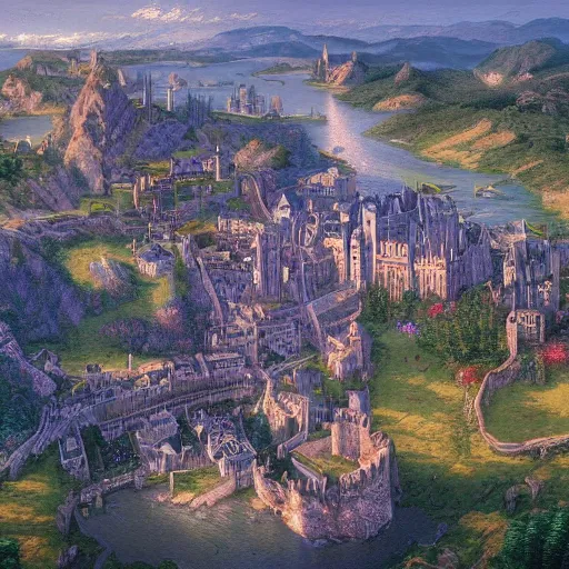 Prompt: Aerial shots of medieval cities, Game of Thrones, the witcher 3, Lord of the Rings, Victorian era, style by Thomas Kinkade