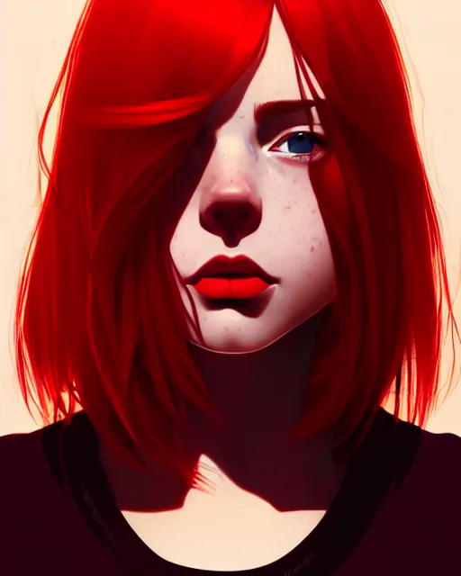 Image similar to a detailed portrait of an attractive!!!! woman with red hair and freckles by ilya kuvshinov, digital art, dramatic lighting, dramatic angle