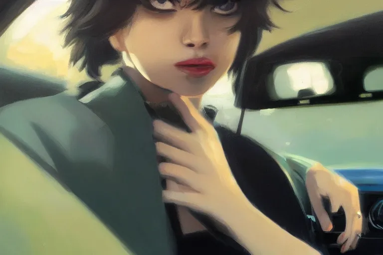 Image similar to A ultra detailed beautiful portrait panting of a stylish pepe sitting in the backseat of a car, Oil painting, by Ilya Kuvshinov, Greg Rutkowski and Makoto Shinkai