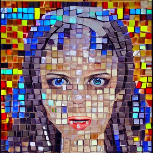 Prompt: portrait mosaic of a beautiful cute young woman with robot ears and eyes, 4k, intricate details