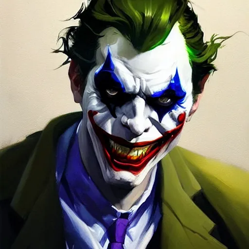 Image similar to Greg Manchess portrait painting of The Joker as Overwatch character, medium shot, asymmetrical, profile picture, Organic Painting, sunny day, Matte Painting, bold shapes, hard edges, street art, trending on artstation, by Huang Guangjian and Gil Elvgren and Sachin Teng