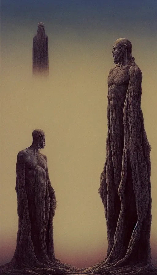 Image similar to painting of omniscient tall statues of gods towering above a hopeless person, by zdzislaw beksinski, by dariusz zawadzki, by wayne barlowe, gothic, surrealism, cosmic horror, lovecraftian, cold hue's, warm tone gradient background, concept art, beautiful composition