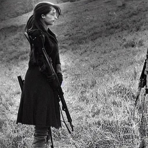 Prompt: a beautiful woman has a rifle. there are ravens in the sky. folk horror. realistic