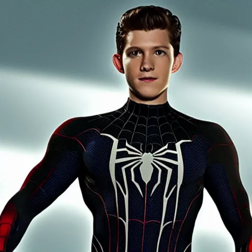 Image similar to promotional photo from new mcu spiderman movie featuring a black symbiote spiderman suit worn by tom holland