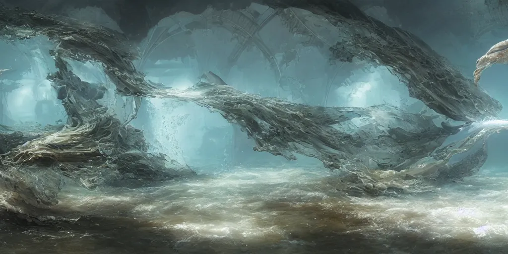 Image similar to study material with side perspective, transparent water River flow, realistic water foam,agua droplets, underwater, bridge made of water ,physically based rendering, defined features by ellen jewett, tomasz alen kopera and Justin Gerard