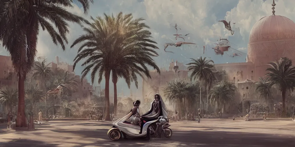 Prompt: Futuristic Marrakech, palm trees, Flying vehicles ,Moroccan mosque ,WLOP, James Jean, tom bagshaw, rococo, trending on artstation, fantasy, intricate, elegant, highly detailed, digital painting, concept art, smooth, illustration, cinematic lighting, hyper realism, octane render, 8k, hyper detailed.