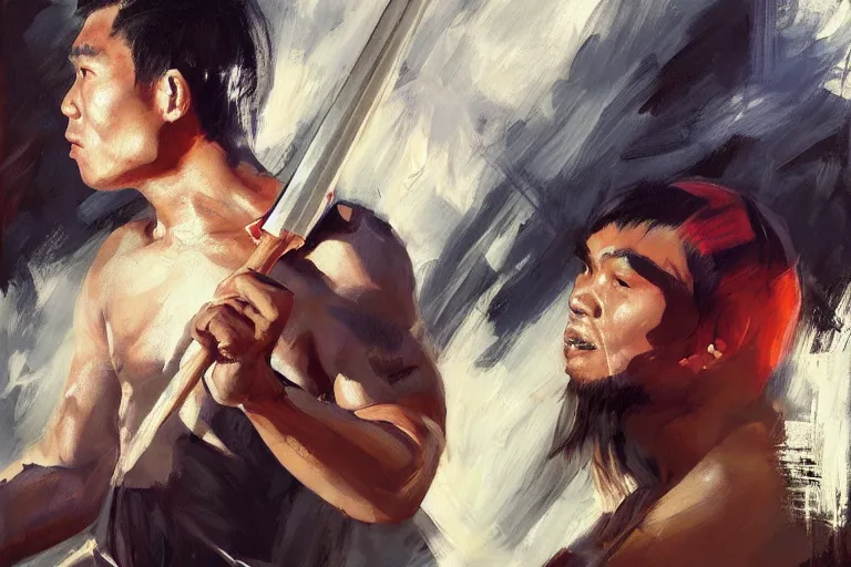 Prompt: greg manchess portrait of a filipino mma fighter with a sword shouting happy, profile picture, organic painting, sunny day, matte painting, bold shapes, hard edges, street art, trending on artstation, by huang guangjian, gil elvgren, ruan jia, randy vargas, greg rutkowski