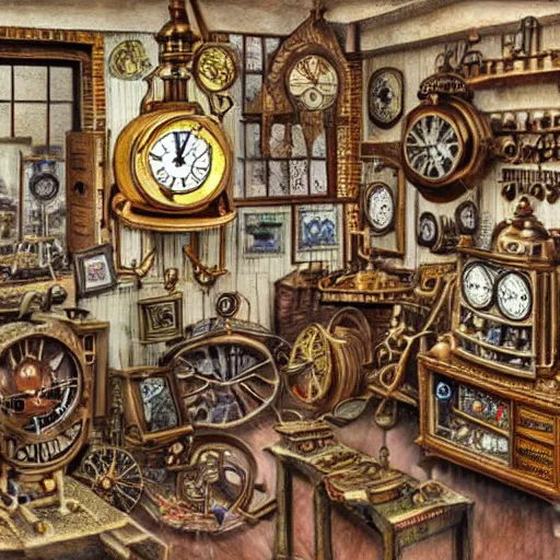 Prompt: interior of a steampunk clock shop, father time tinkering, old grandfather clocks everywhere, realistic, very intricate hyper detailed collage on paper