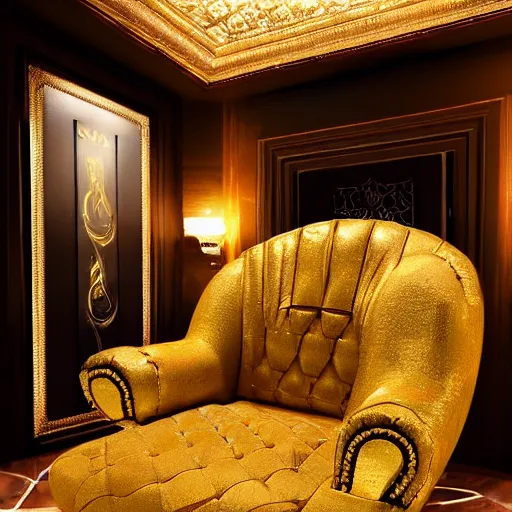 Image similar to a luxury vip golden toilet gaming chair with red hibiscus embossed into the material, the toilet is shiny, varying art styles, varying locations, varying angles