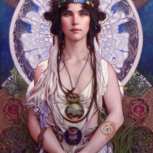 Prompt: Portrait of Princess Mononoke drawn by Donato Giancola and Tom Bagshaw, face by Artgerm, overall design by Alphonse Mucha, background by James Jean and Gustav Klimt, light by Julie Bell, 4k, porcelain skin, komorebi, french nouveau, trending on artstation, octane render, hyperrealistic