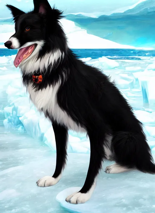 Image similar to beautiful wide angle full body portrait of a cute male anthropomorphic anthro border collie fursona wearing a swimsuit in antarctica, character design by charlie bowater, henry asencio, and ross tran, scenic background, detailed, aesthetic, furry, trending on artstation, furaffinity, deviantart