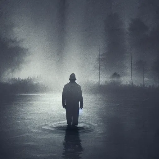 Image similar to double exposure of a river of darkness and a lost fisherman illustration trending on artstation, moody, atmospheric, dimly lit,