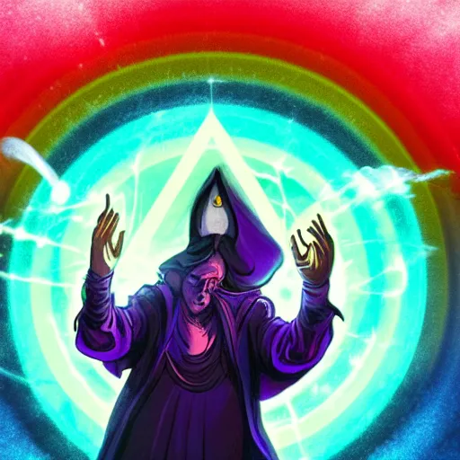 Image similar to a warlock is casting a magic spell, while magic orb is floating in his hand, the magic orb emit a rainbow vapour, dynamic pose, chromatic aberration , medium level shot, Mucha style , Grim fantasy, illustration ,concept art,